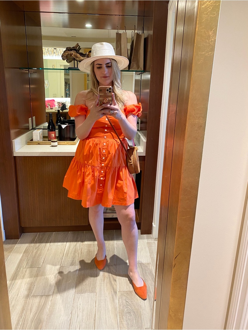 STAUD Off-Shoulder Tiered Skater Dress in Bright Orange